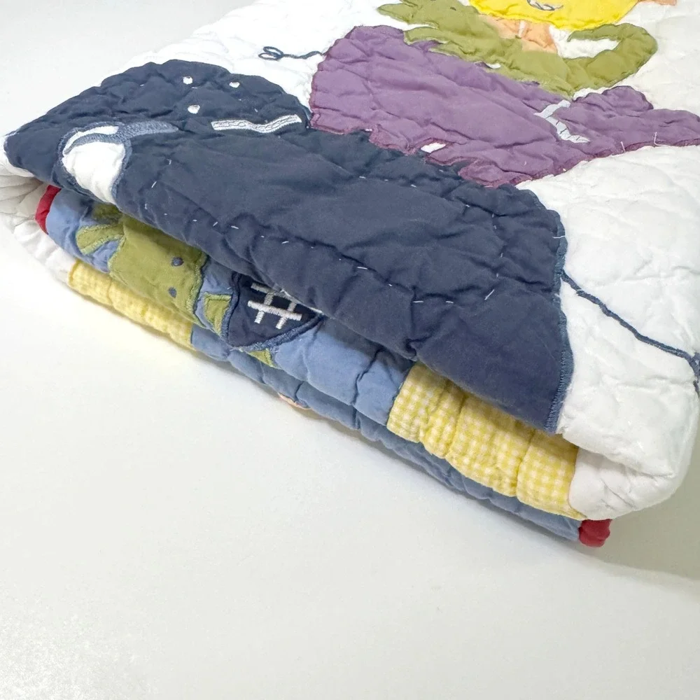 Pottery Barn‎ Kids Baby Crib Quilt Jungle Animal Zoo Blue Yellow Gingham